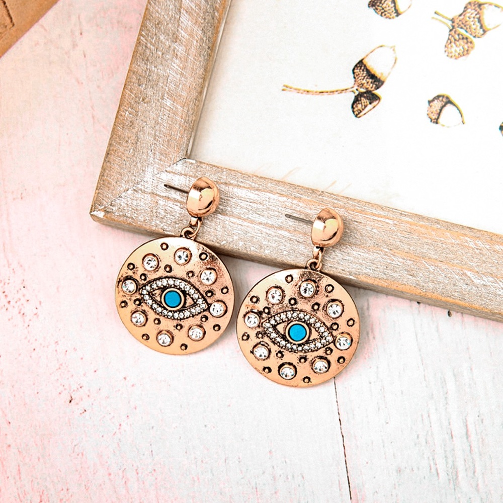 2/$20! Gold Egyptian Evil Eye Circle Drop Earrings - Picture 2 of 7